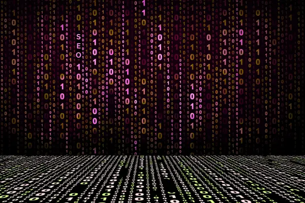 Matrix code reference showing binary code strings in cyberpunk colors, with the letters SEO added in one string of code